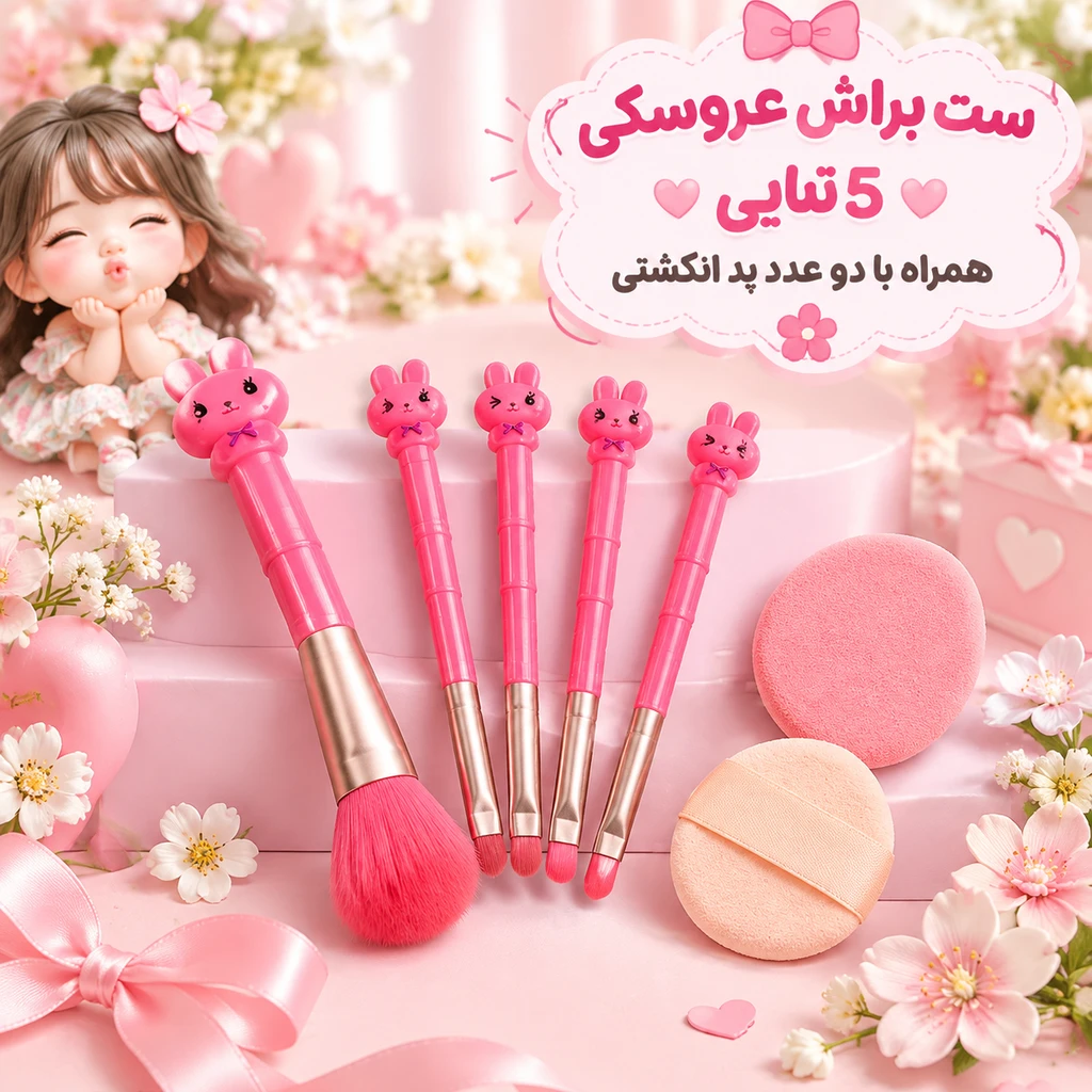 ست براش فانتری مناسب ارایش صورت  5 تیکه به همراه 2 عدد پد انگشتی